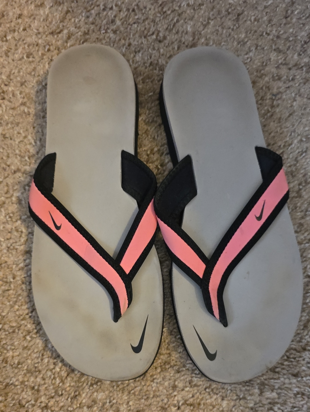 Nike Pink and Black Women's Flip Flops with Gray Footbeds